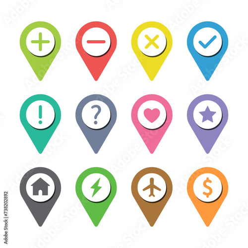 Free Download Map pin icon set. Transport images pins of various color, markers on a map for navigation. Vector flat icon set with heart, star, home and thunderbolt symbol illustration isolated on white background. - GFXLoad