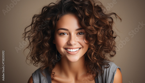 One beautiful woman with curly brown hair smiling at camera generated by AI