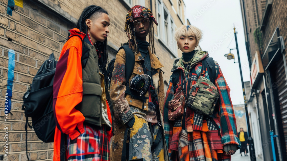 Experimental street style A mix of streetwear and high fashion featuring edgy layers bold statement pieces and unconventional accessories suitable for a busy and dynamic urban Experimental street style A mix of streetwear and high fashion featuring edgy layers bold statement pieces and unconventional accessories suitable for a busy and dynamic urban