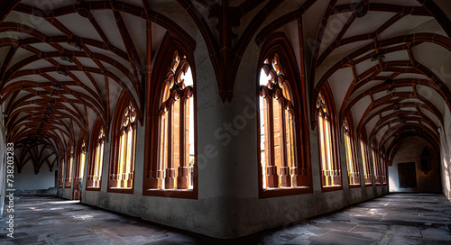Gothic Architecture Showcased in Sunlit Corridor of Medieval Monastery