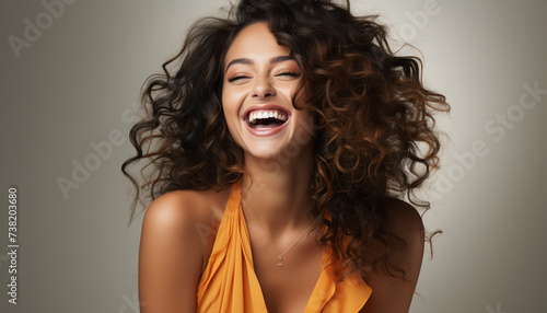 Young woman with curly brown hair smiling in studio shot generated by AI