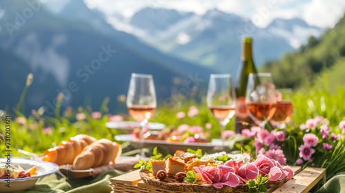 wine bottle and glass with rose wine on a wooden table with mountains background, switzerland