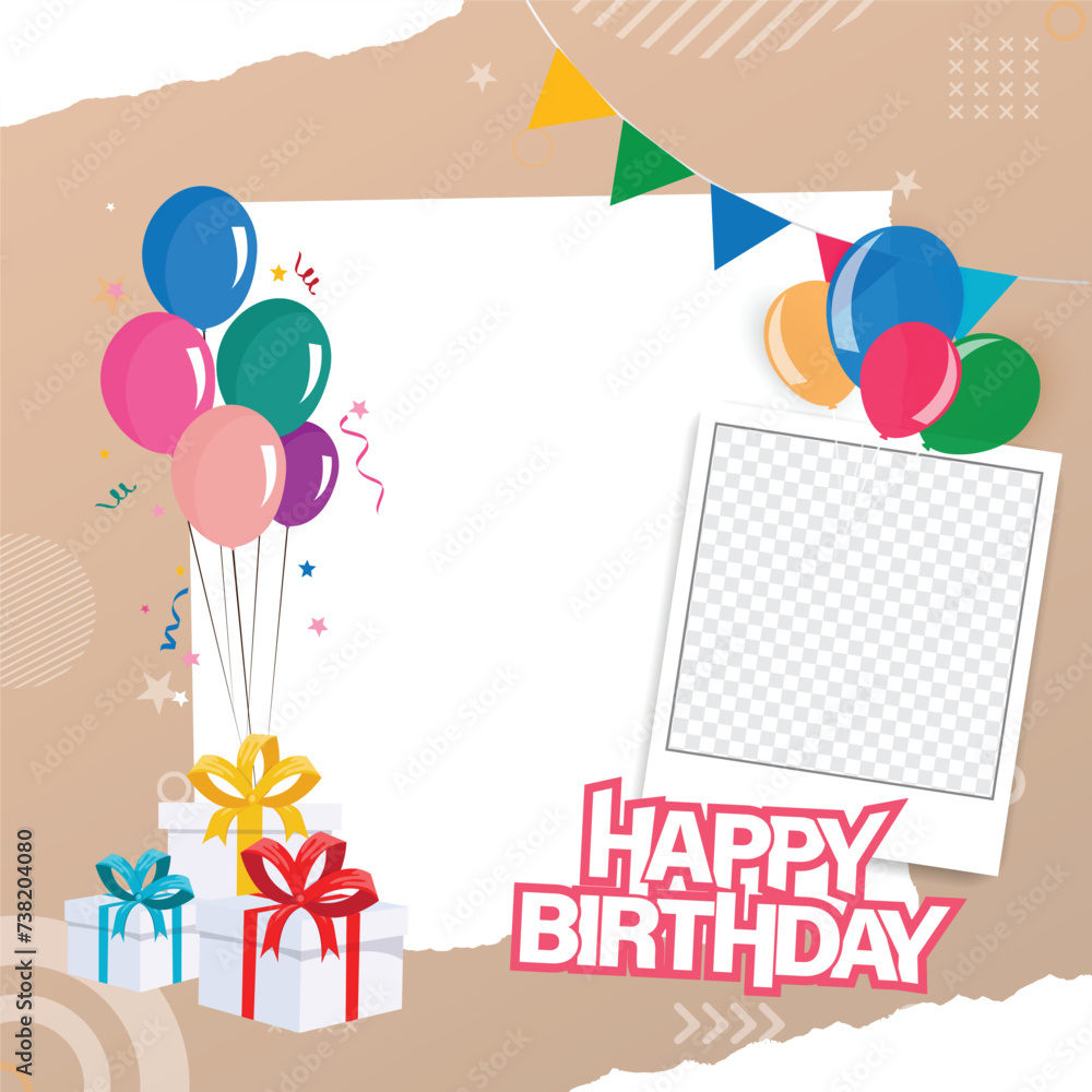Happy birthday social media post, squire banner template with balloons and abstract elements.