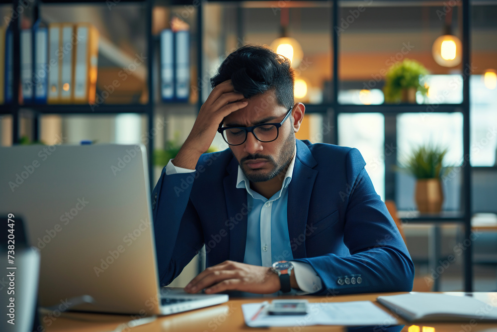 Overworked Indian man having acute headache while working in office due to frustration, fatigue and crisis