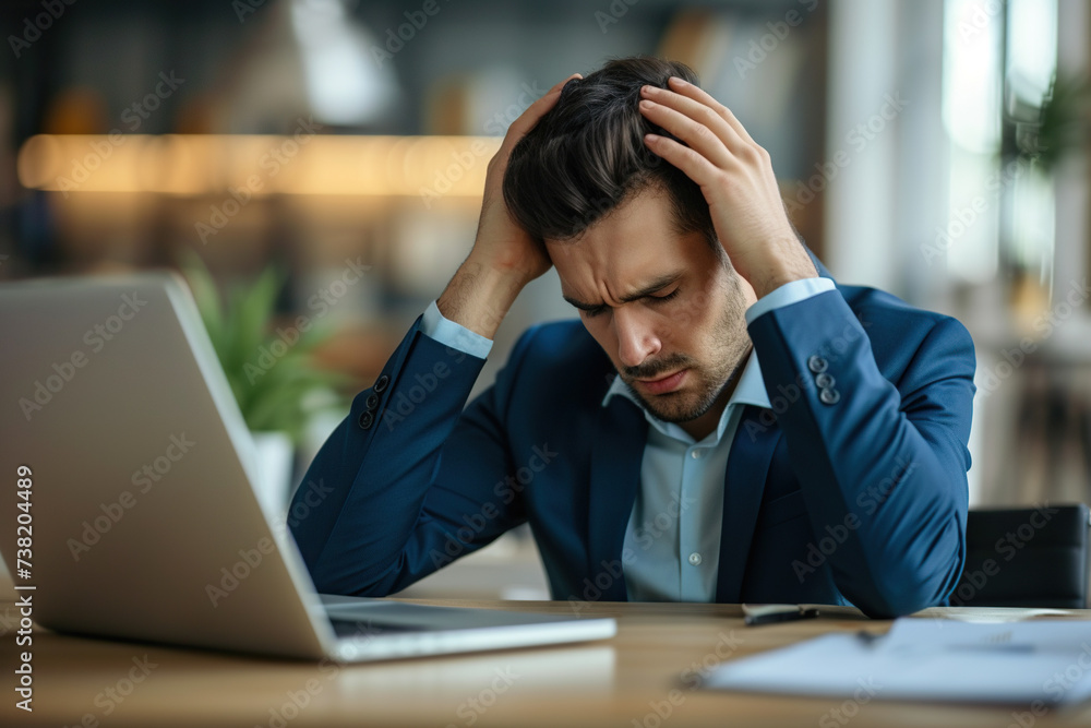 Overworked Latin man having acute headache while working in office due to frustration, fatigue and crisis Overworked Latin man having acute headache while working in office due to frustration, fatigue and crisis