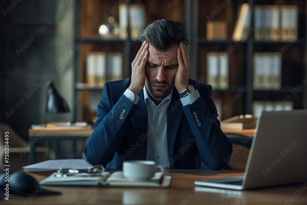 Overworked Hispanic man having acute headache while working in office due to frustration, fatigue and crisis Overworked Hispanic man having acute headache while working in office due to frustration, fatigue and crisis