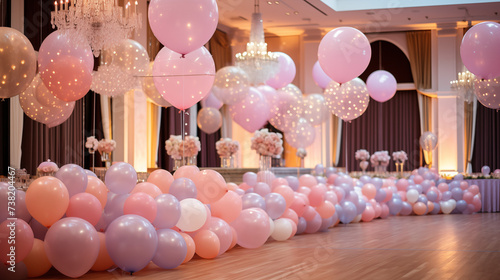 Zastawa stołowa na przyjęciu urodzinowym lub chrzcinach - dekoracja stołów na przyjęciu przez florystę i dekoratora. Piękne bukiety kwiatów na stoliku i balony photo