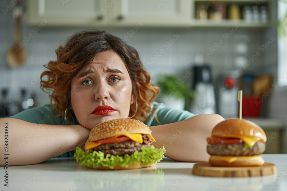 Plus size woman looking at big burger lying in front of her. Hungry overweight woman sitting at table in kitchen in front of sandwich. Junk unhealthy food addiction, eating disorders Plus size woman looking at big burger lying in front of her. Hungry overweight woman sitting at table in kitchen in front of sandwich. Junk unhealthy food addiction, eating disorders