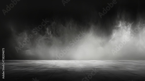 Abstract image of dark room concrete floor. Black room or stage background for product placement.Panoramic view of the abstract fog. White cloudiness  mist or smog moves on black background.