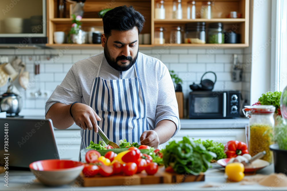 Portrait of young Indian man preparing fresh vegetable salad looking at recipes on a laptop standing in the kitchen at home. Portrait of young Indian man preparing fresh vegetable salad looking at recipes on a laptop standing in the kitchen at home.