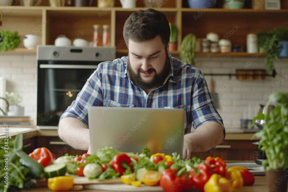 Portrait of fat overweight young man preparing fresh vegetable salad looking at recipes on a laptop standing in the kitchen at home. Portrait of fat overweight young man preparing fresh vegetable salad looking at recipes on a laptop standing in the kitchen at home.