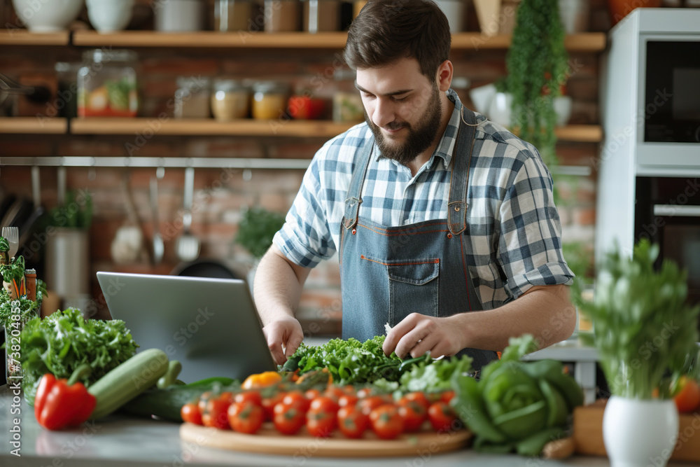 Young man preparing fresh vegetable salad looking at recipes on a laptop standing in the kitchen at home.