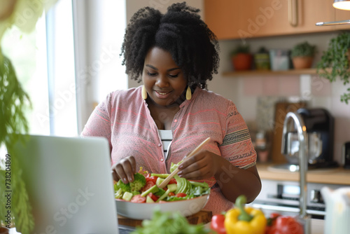 Portrait of fat overweight young African American woman preparing fresh vegetable salad looking at recipes on a laptop standing in the kitchen at home. © AI_images