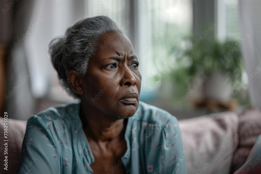 Depression, sad and senior African American woman at home with mourning and memory with mental health problem. Depression, sad and senior African American woman at home with mourning and memory with mental health problem.