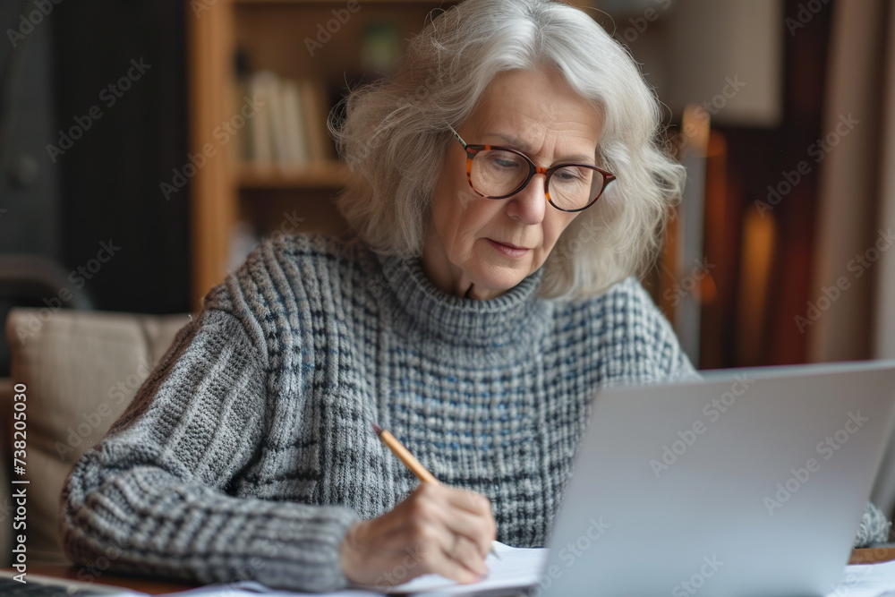 Senior woman in glasses looking at laptop computer screen. Senior woman in glasses looking at laptop computer screen.