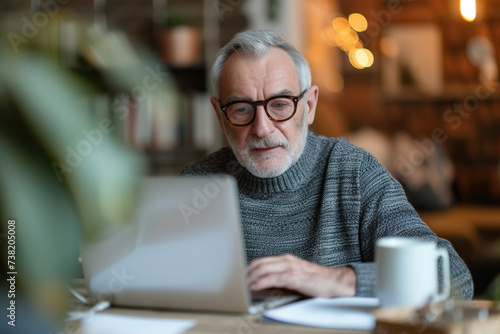 Senior man in glasses looking at laptop computer screen.