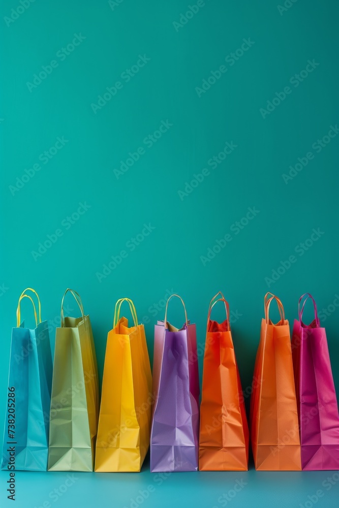 colorful paper bags in a row against a turquoise wall