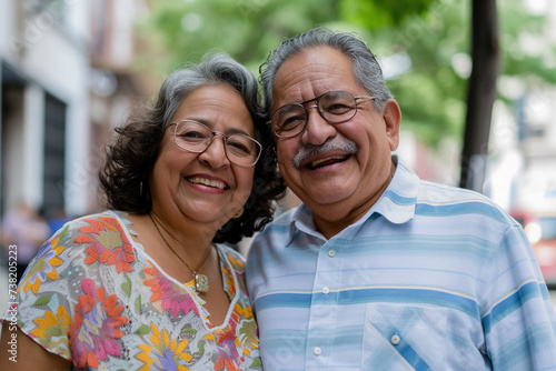 Smiling and happy senior Latin couple enjoys a leisure walk in the city park. They radiating happiness and warmth