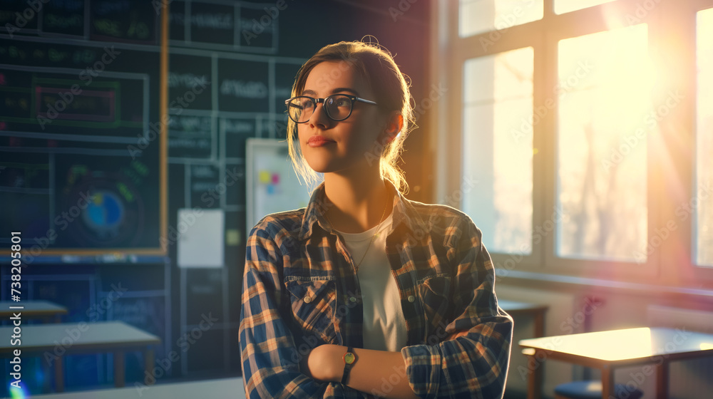 Portrait of a smiling girl against the background of a blackboard in the laboratory, a college student stands proudly in the classroom after successfully defending her work - obrazy, fototapety, plakaty 