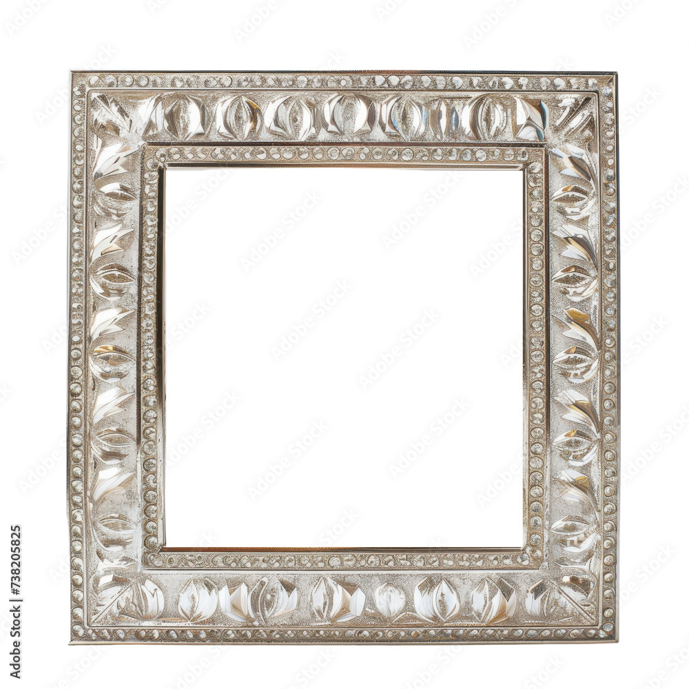 Ornate silver frame with detailed carvings and crystal embellishments, suited for classic and vintage themes. Ornate silver frame with detailed carvings and crystal embellishments, suited for classic and vintage themes.