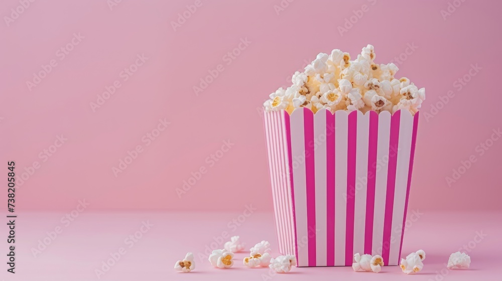 Scattered delicious popcorn from pink striped box on pastel background with copy space for text