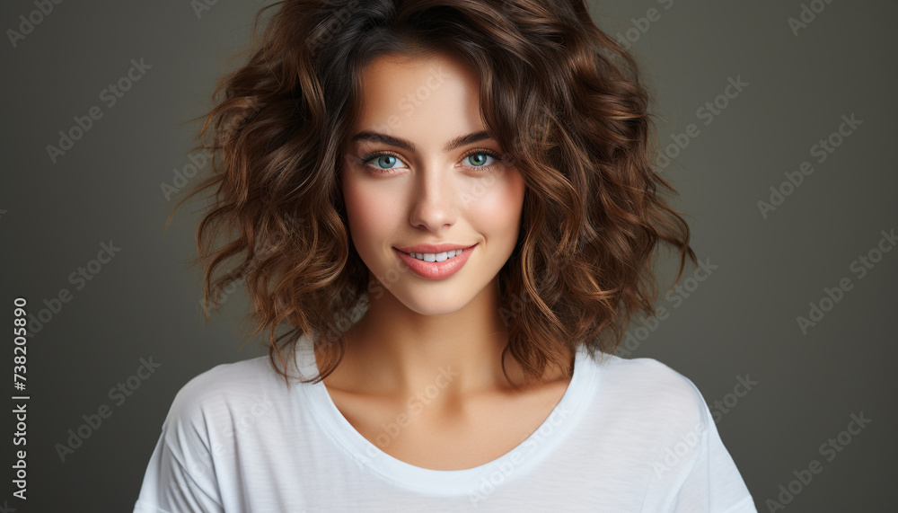 Fototapeta premium One beautiful woman with long brown hair smiling at camera generated by AI