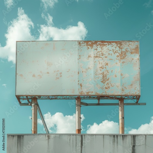 an old empty billboard near the top wall of a white building