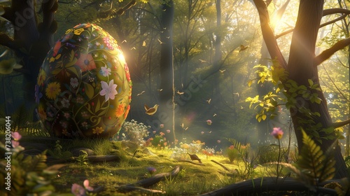 In a lush forest clearing  a majestic World Easter egg  adorned with intricate floral patterns  stands bathed in golden sunlight filtering through the canopy