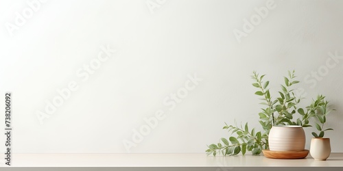 Neutral indoor setting with white empty table mockup and green eucalyptus branches in the background  perfect for showcasing organic or natural digital products.