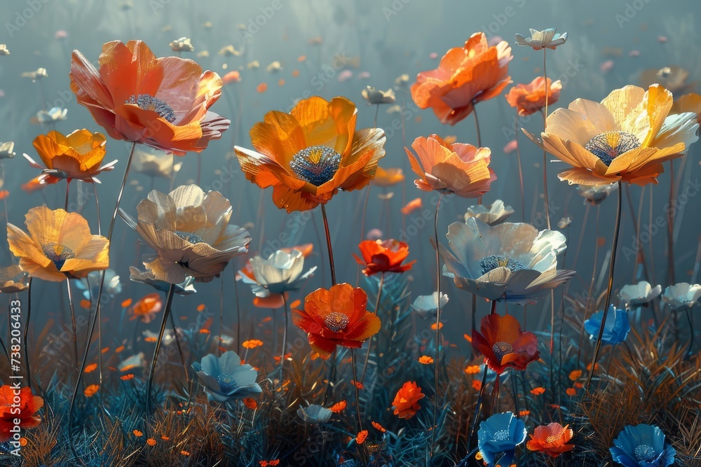 orange, blue, yellow, and red flowers with gray backgrounds orange, blue, yellow, and red flowers with gray backgrounds