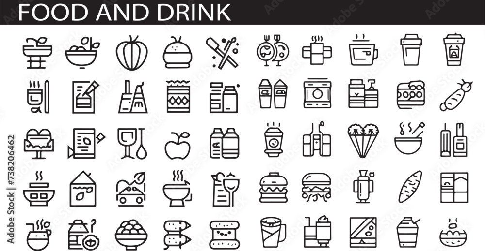 Set of 50 outline icons related to food and drink. Linear icon collection. Editable stroke. Vector illustration
