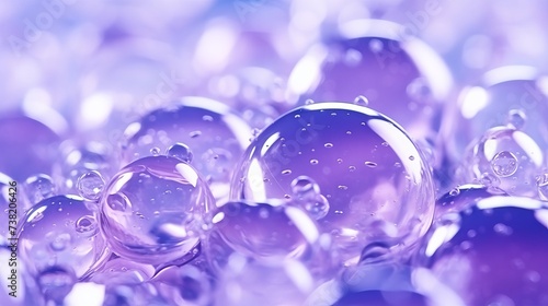 Amazing abstract backdrop with closeup transparent soap bubbles frozen on pile of crushed ice against blurred purple surface