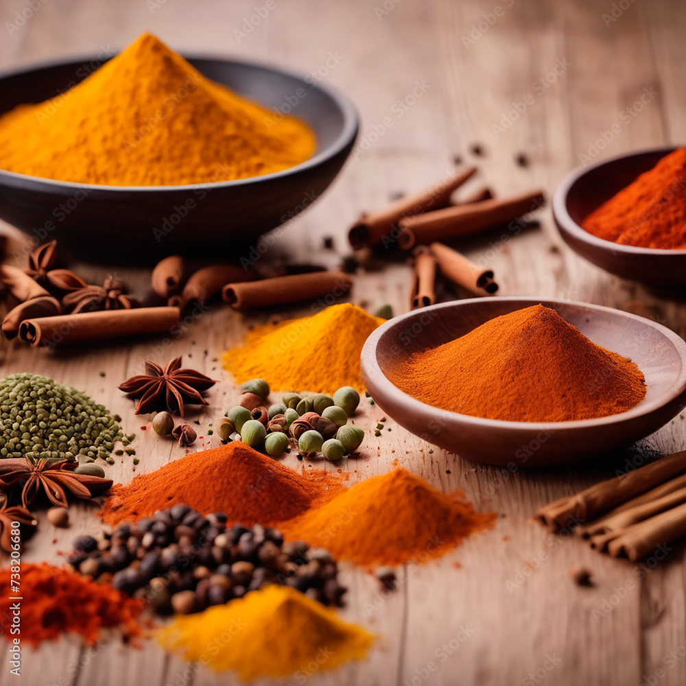 cinnamon stick and powder, saffron threads, and other grain and powder spices in dark wooden bowls cinnamon stick and powder, saffron threads, and other grain and powder spices in dark wooden bowls