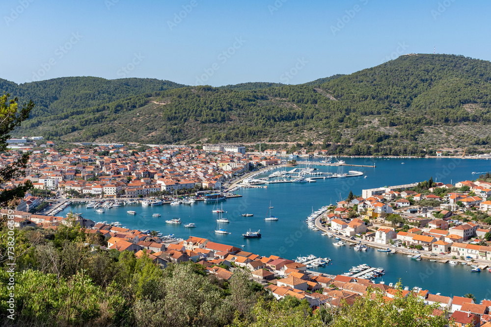 High angle view of idyllic town Vela luka on Korcula island in Croatia
