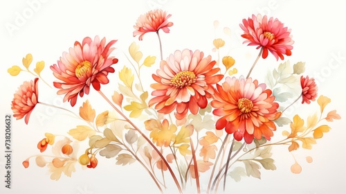 Autumn flower handmade watercolour, floral watercolor design element. red golden-daisy chrysanthemum