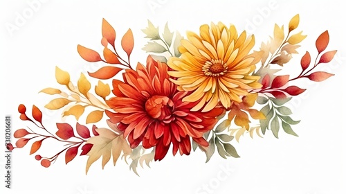 Autumn flower handmade watercolour,  floral watercolor design element. red golden-daisy chrysanthemum
