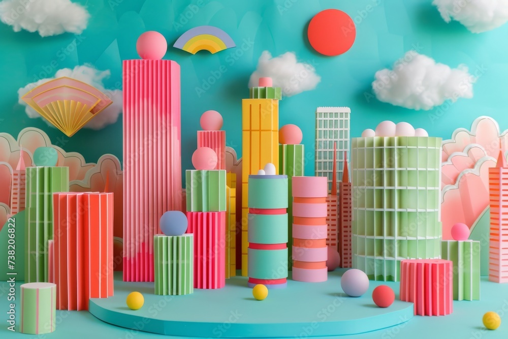 colorful plastic city with clouds and a red sun