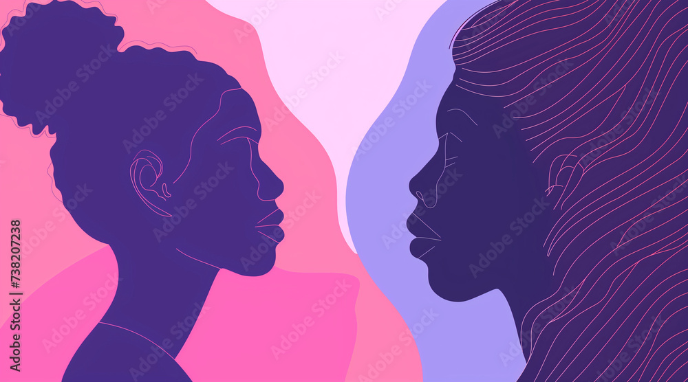 cross cultural, racial equality, multi ethical, diversity people. woman and man power, empowerment, tolerance, discrimination. wide banner background of human profile silhouette. women's Day