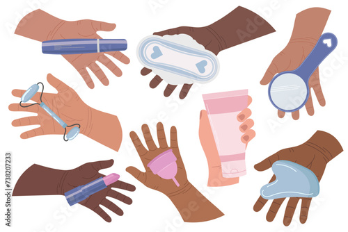 Flat vector icon set in cartoon style. Illustration of a hand holding feminine hygiene and cosmetics items.