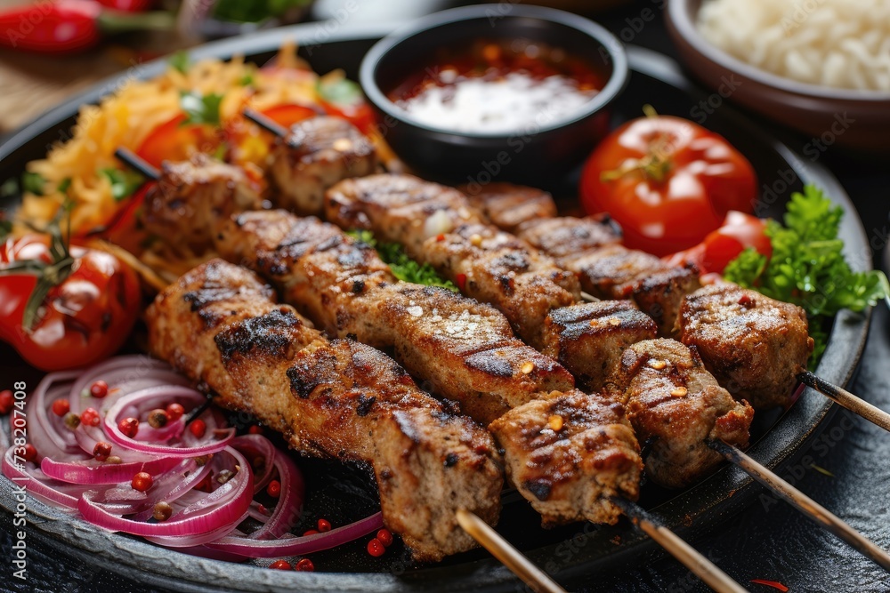 Kebabs, grilled skewered meat, satay in a plate. Very tasty middle eastern food with chili sauce in a bowl.