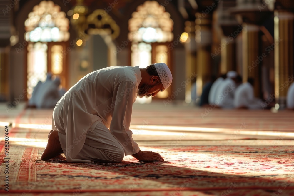 Muslim man is sitting in the mosque about to prostrate for prayer