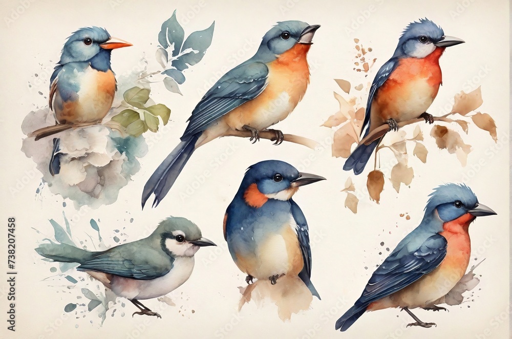 Fototapeta premium Various forest birds watercolor illustration big set. AI generated.
