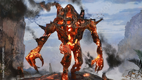 Digital 3d illustration of a lava golem creature animated by dark wizard magic in a tropical environment - fantasy painting
