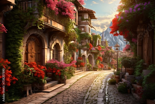 A beautiful street with houses decorated with trees  flowers in the spring weather