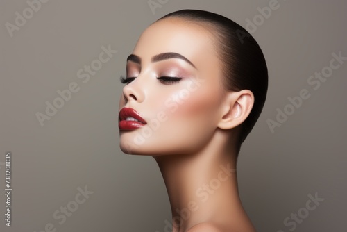 portrait of a beautiful young woman with dark hair and red lipstick photo