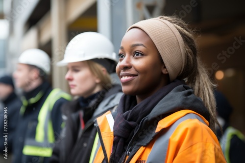 Black woman wearing hard hat and safety vest standing in front of a building under construction