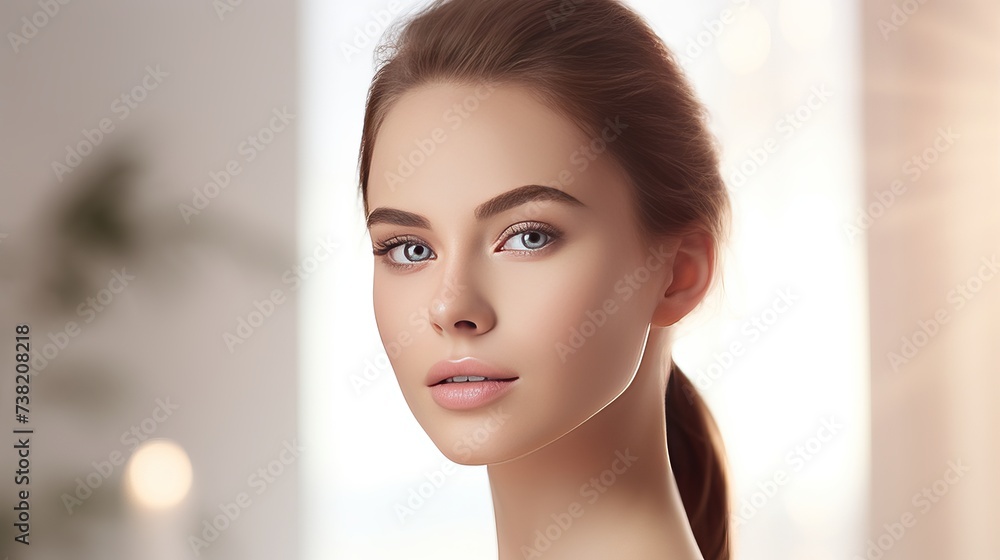 Beautiful Young Woman with Clean Fresh Skin look away .Girl beauty face care. Facial treatment . Cosmetology , beauty and spa Beautiful Young Woman with Clean Fresh Skin look away .Girl beauty face care. Facial treatment . Cosmetology , beauty and spa