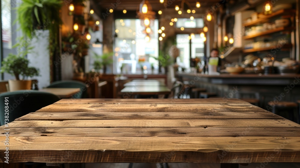 Rustic wooden table in a restaurant with a blurred background Rustic wooden table in a restaurant with a blurred background