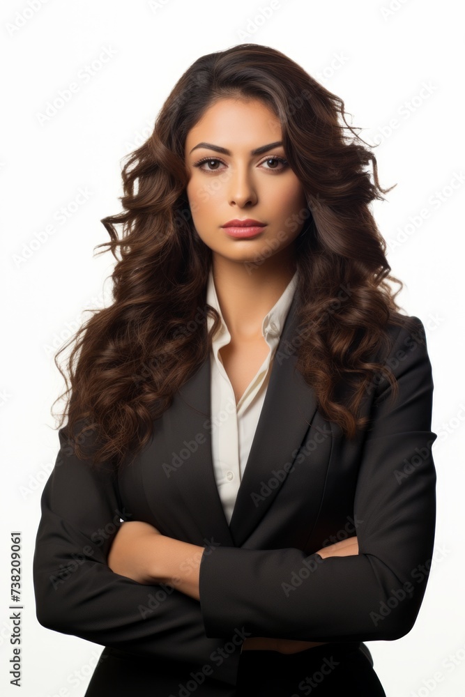 Portrait of a young businesswoman with long brown hair wearing a white blouse and black suit jacket Portrait of a young businesswoman with long brown hair wearing a white blouse and black suit jacket