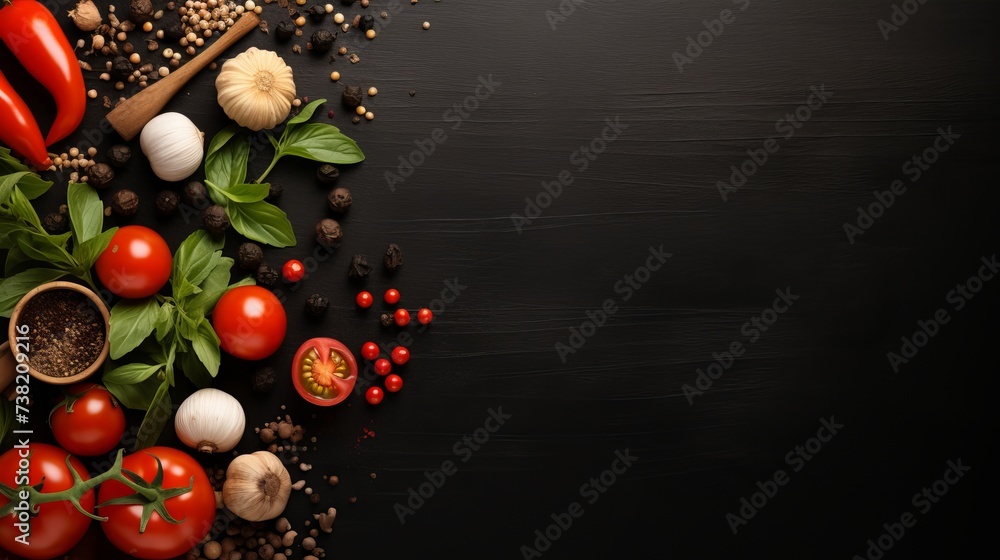 Black table with food ingredients and utensil, top view frame style Black table with food ingredients and utensil, top view frame style